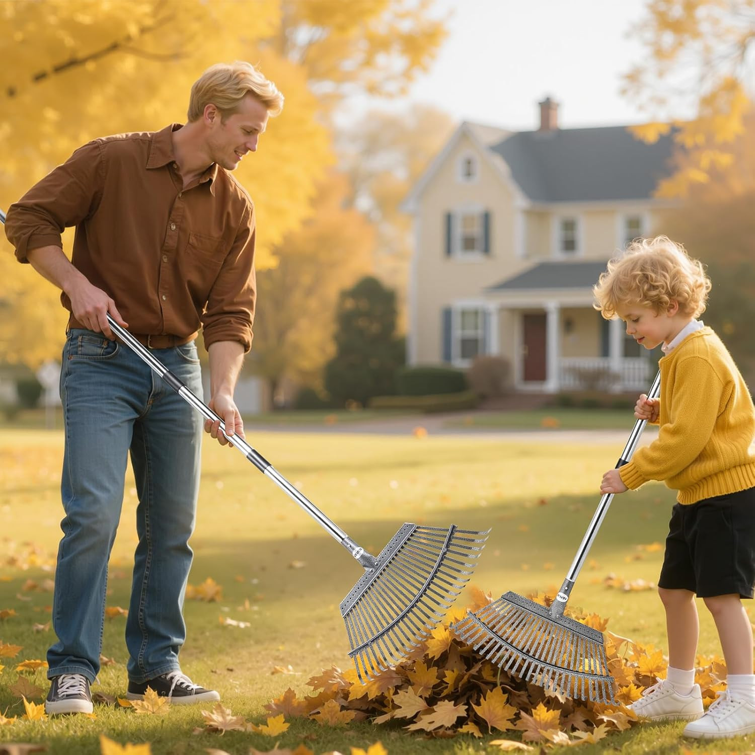 Leaf Rake, 25 Metal Tines, Adjustable Garden Rake for Lawns with 18.3 Inch Wide