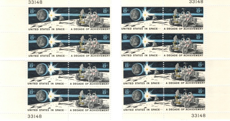 1971 LUNAR ROVER 8 C USA STAMPS, 4 MATCHING BLOCKS OF 4, A DECADE OF ACHIEVMENT