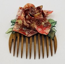 Vintage Hand Crafted Rose Leaves Wooden Hair Comb Accessory India