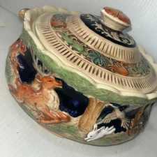 Majolica Style Covered Soup Terrine Tureen Vtg Ceramic Deer Rabbit Hunting/314j