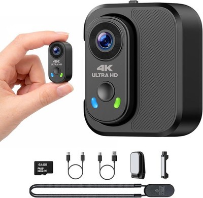 Action Camera 4K, Mini Body Camera with 64GB SD Card, Portable POV Camera