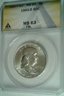 1963-D  Franklin US Half Dollar,   MS63 by ANACS,   FBL,   SUPERB LUSTER!!