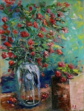  Abstract Bouquet  Painting  Original Oil Art Red Flowers Vase Impasto 16 by 12"