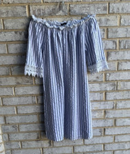 Lungo L'arno 3/4 Sleeve Lace Trim 100% Linen Striped Dress Women's Size M