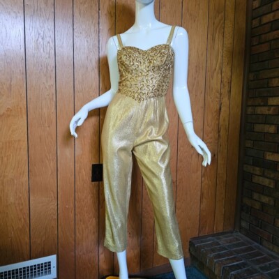 Rare Vintage 50s CEEB Gold Lamé Sequined PINUP Bombshell Catsuit Jumpsuit M VLV