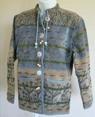 vtg Flashback GYPSY BoHo Tapestry Jacket  Lagenlook Button Bead blue tan M 