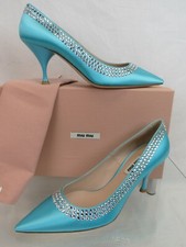 MIU MIU PRADA 5I796C TURQUOISE SATIN CRYSTALS JEWELED HEEL DRESS PUMPS 38 ITALY