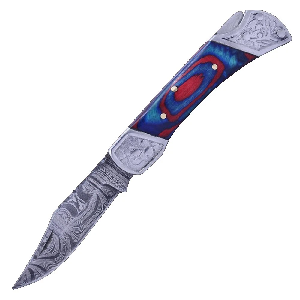 Collectible Modern Folding Knives Damascus Steel Blade Wood Handle