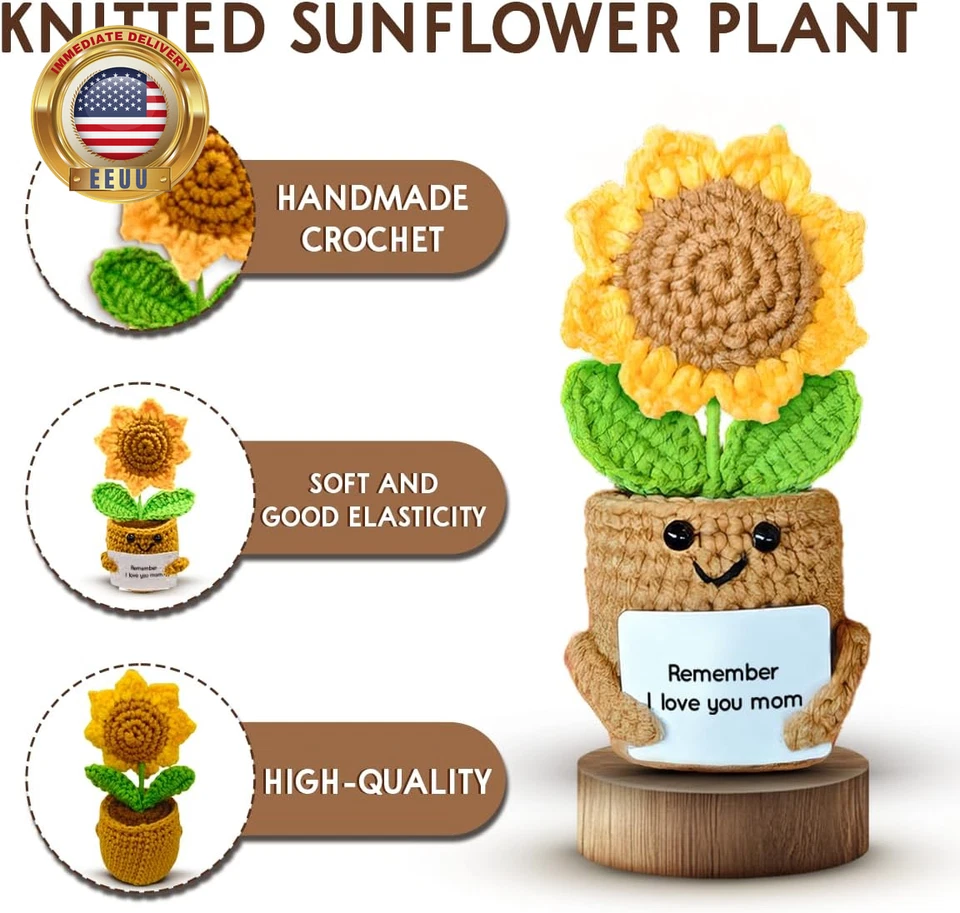Mini presentes de girassol para mãe da filha filho filho, feito à mão crochê dia das mães Chr - Imagem 4 de 4