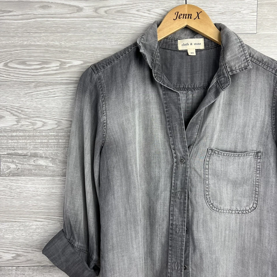 Camisa gris manga larga Cloth & Stone Muse para mujer lavada a la piedra con botones talla XS Foto 2 de 4