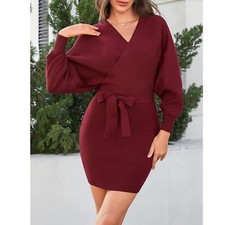 Sexy Slim Fit Batwing Long Sleeve Backless Mock Wrap Knit Sweater Mini Dress S