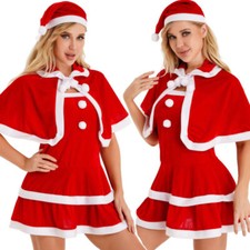 Women Red Mrs. Santa Outfit Velvet Tueb Top Above Knee Dress Cloak Hat Christmas