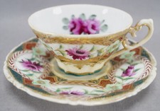 Nippon Hand Painted Dark Pink Rose Green Red & Gold Beaded Tea Cup & Saucer C
