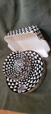 Thyme & Table Set Of 7.  B & W Medallion, 3 Plates, 3 Bowls And Baking Dish.