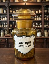 Antique Apothecary Amber Glass Bottle Pharmacy Jar Natrium Salicylicum RX Medic