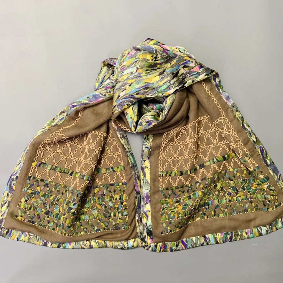 DRIES VAN NOTEN Verde Beige Multicolor Cuentas Seda Lana Bufanda Mantón Foto 2 de 4