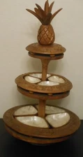 Vintage hand carved Monkey Pod Wood 3 tiered Hawaiian luau Party, Lazy Susan