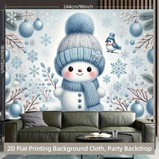 2D Background Cloth 1pc, Snowman Wearing Blue Hat And Scarf Background Cloth, Mu