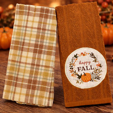 Fall Kitchen Dish Towels Set 2 Pumpkin Plaid Harvest Thanksgiving Decor