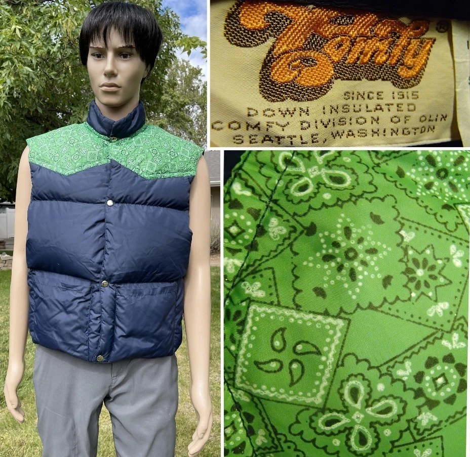vtg 70s western COMFY goose down puffy vest snap front SEATTLE QUILT bandana MD
