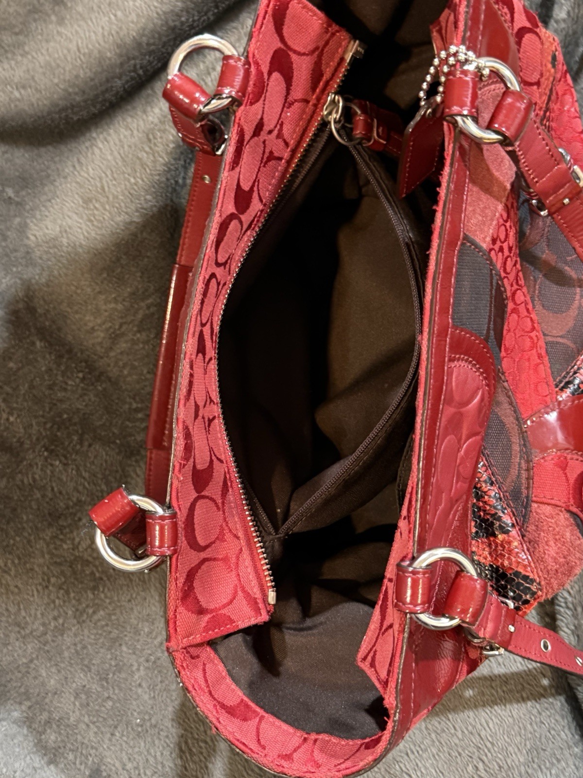 Coach Patchwork Red Leather, Canvas & Suede Shoul… - image 14