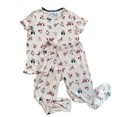 Secret Treasures Pajama Set Womens L 12-14 Cream Glamping Camper Print Excellent