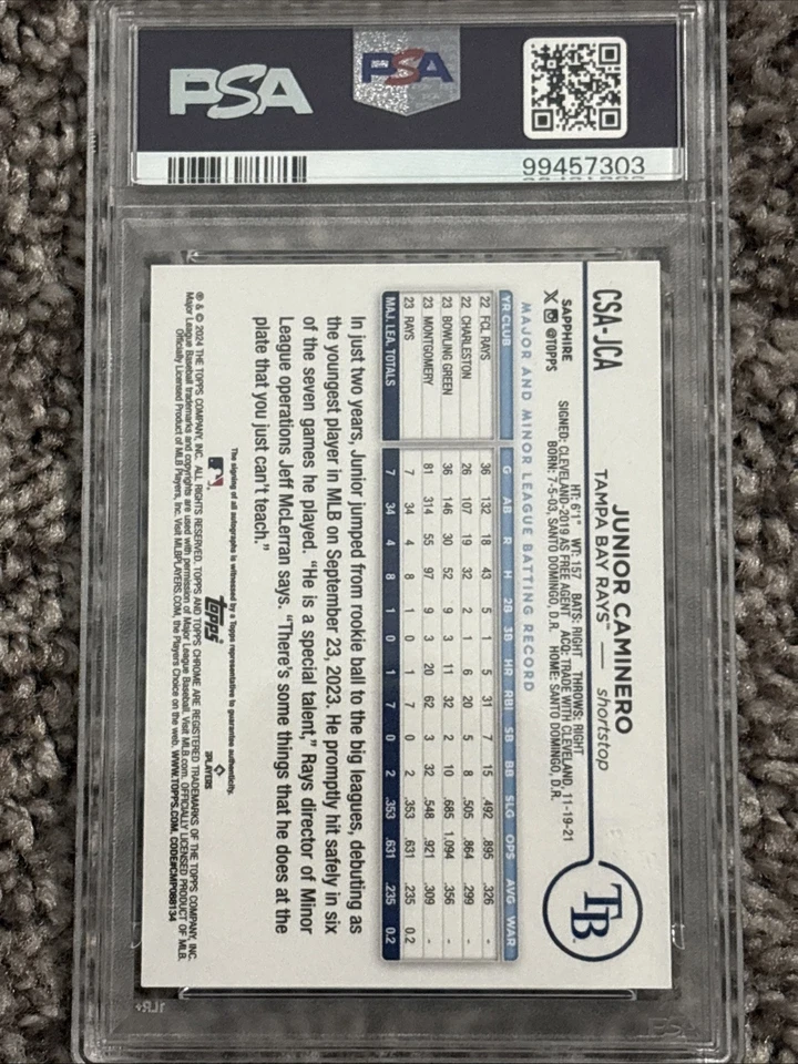 2024 Topps Chrome Sapphire Edition Junior Caminero Auto Green /99 #CSAJCA PSA 9 - Image 2 of 4