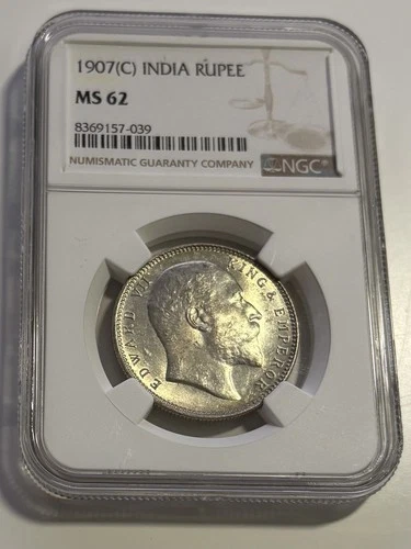 India 1907 C Rupee – Silver Coin NGC MS62 – Edward VII / Calcutta Mint