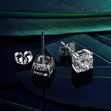 2CT Cushion Lab Grown Diamond Push Back Stud Earrings Solid 14k White Gold #191