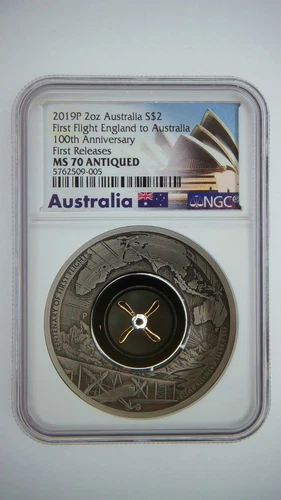 2019 P First Flight England to Australia Antiqued 2 oz silver coin NGC MS70 FR