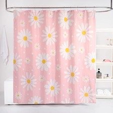 Pink Floral Shower Curtain Set Cute Daisy Girly Washable 12 Hooks 72x72 Inch