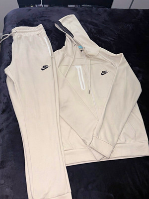 Nike Men's White 2pc Fleece Tracksuit Zip Hoodie & Tapered Pants Logo L