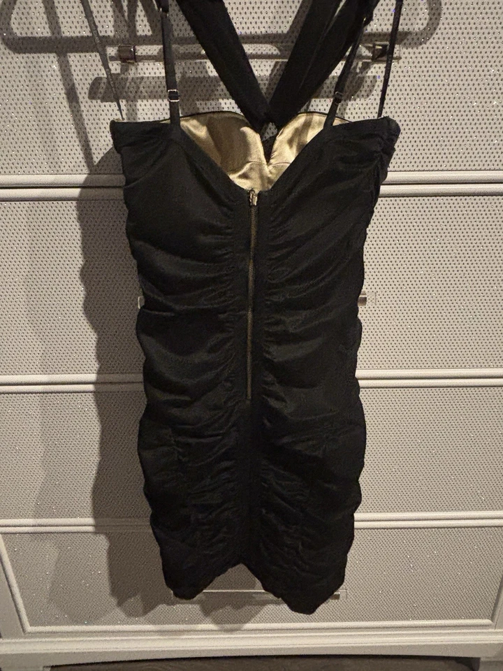 Bebe Sexy Hot Elegant Black Halter Neck Ruched Bodycon Cocktail Dress Small - Image 3 of 4