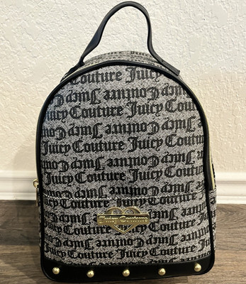 Juicy Couture Glam Mini Backpack Logo Print Studded Zip Faux Leather Black/Beige