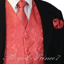 CORAL Paisley Tuxedo Suit Dress Vest Waistcoat  Neck tie  And Hankie Set 20-II