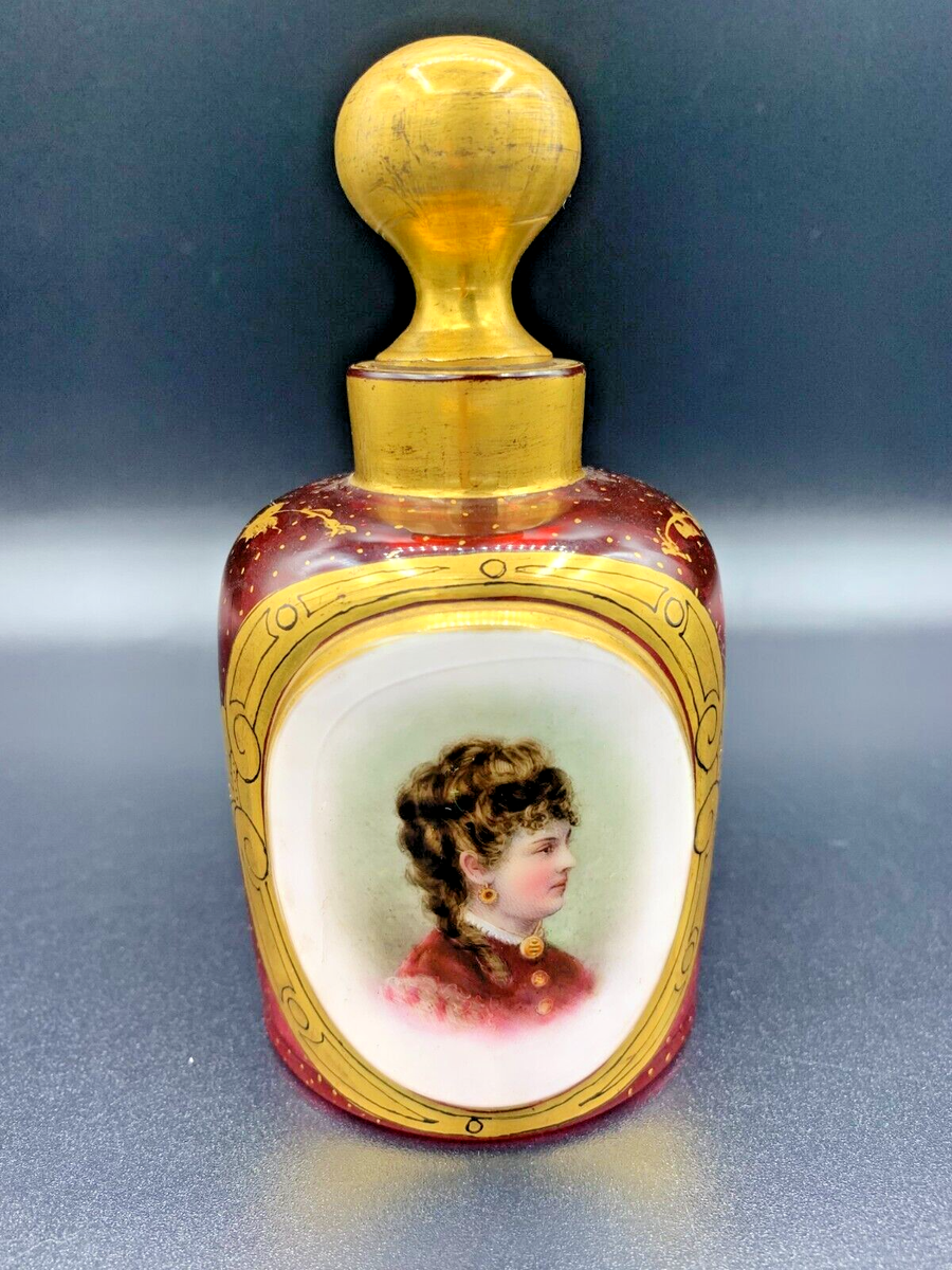 MOSER Bohemian Gilded Cranberry Glass Perfume Scent Bottle Painted