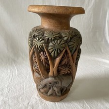 Hand Carved Wooden Vase With Elephants  Trees Vintage Excellent Condition