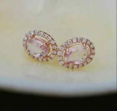 2Ct Oval Lab-Created Pink Sapphire Women Halo Stud Earrings 14K Rose Gold Plated