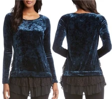 Karen Kane 3N94861 Teal Blue Stretch Crushed Velvet/Black Lace Inset Top - $128