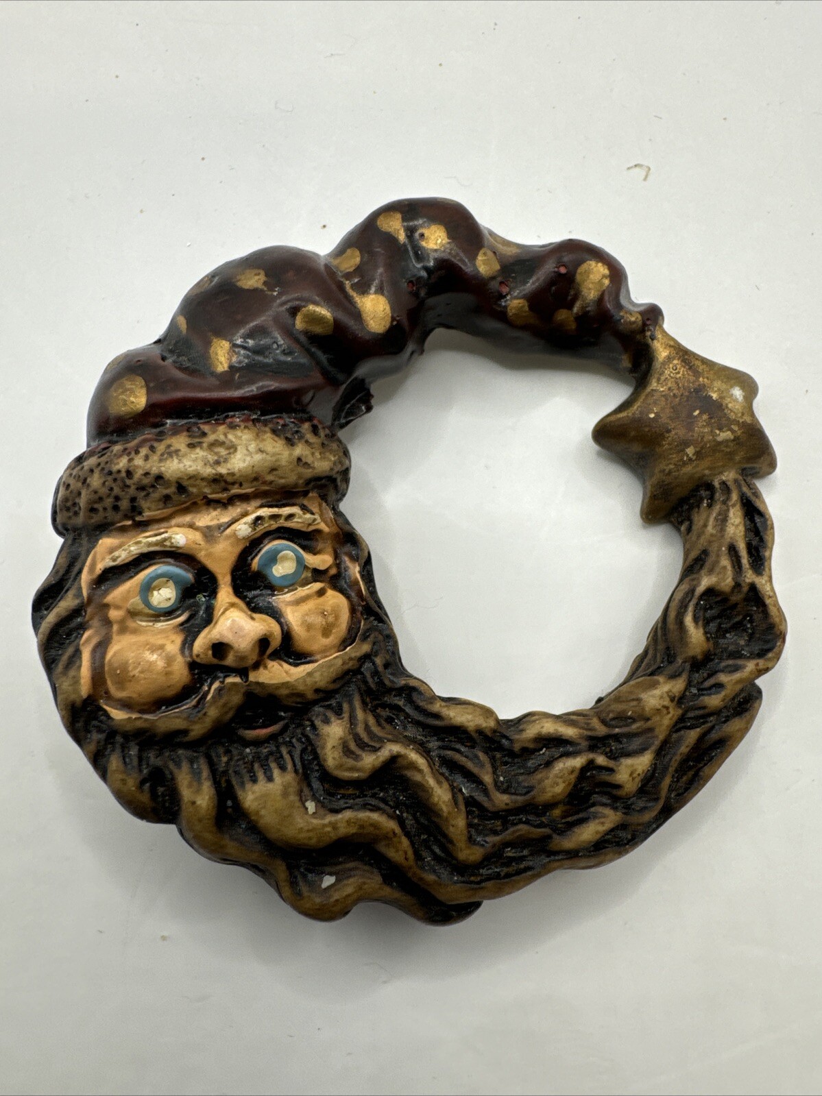 Vintage Folk Art   Santa Claus Christmas Xmas Winter Crescent Moon Brooch Pin