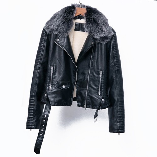Womens Faux Leather Fleece Lined Biker 