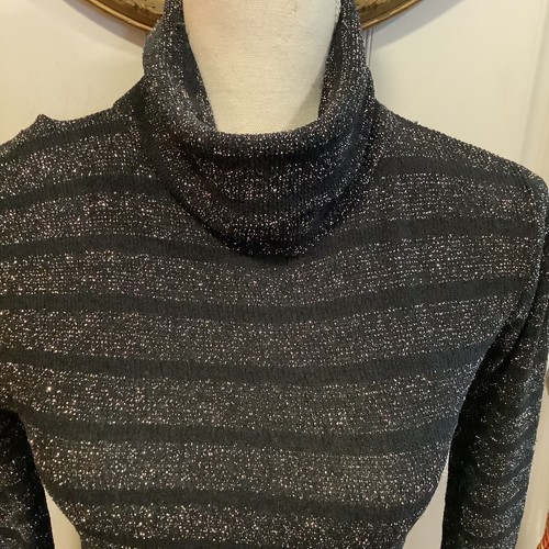 Kenneth Knits thin metallic sliver black stripped cowl turtleneck sweater S/M - Picture 4 of 7