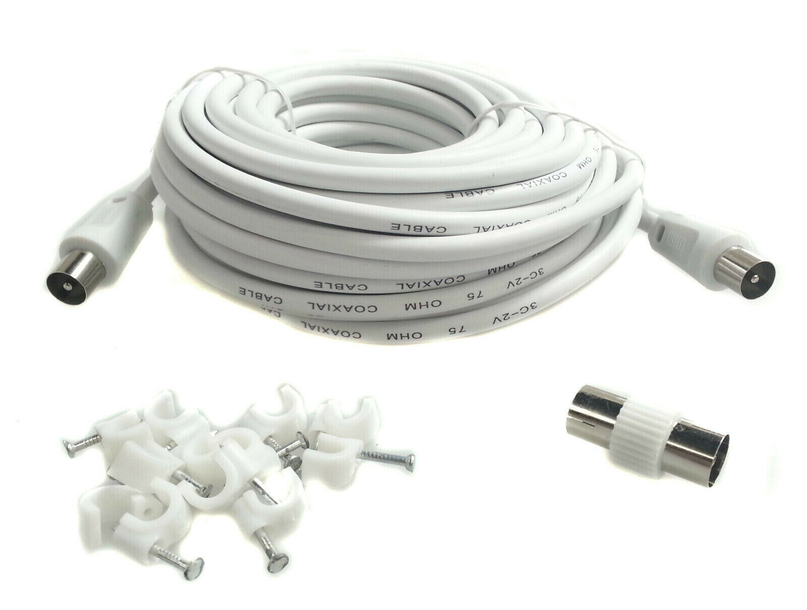 5M Metre White RG59 RF TV Aerial Lead Cable Male to Male Coax Coaxial