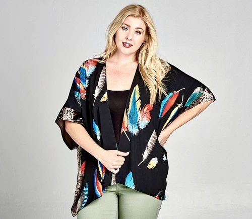 Oddi Feather Print Velvet Trim Kimono Open Wrap Jacket Black Plus One Size - New