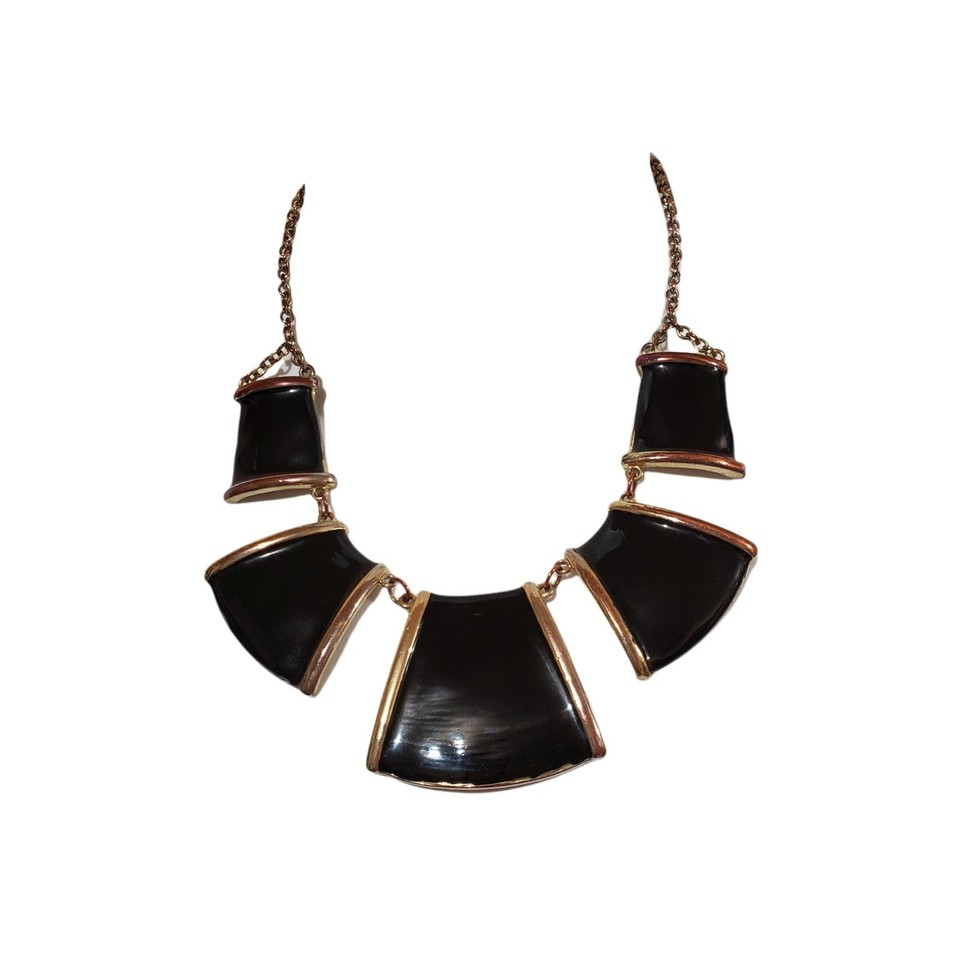 Gold Tone Black Enamel Statement Necklace Egyptian Tribal Collar Art gold-tone-black-enamel-statement-necklace-egyptian-tribal-collar-art