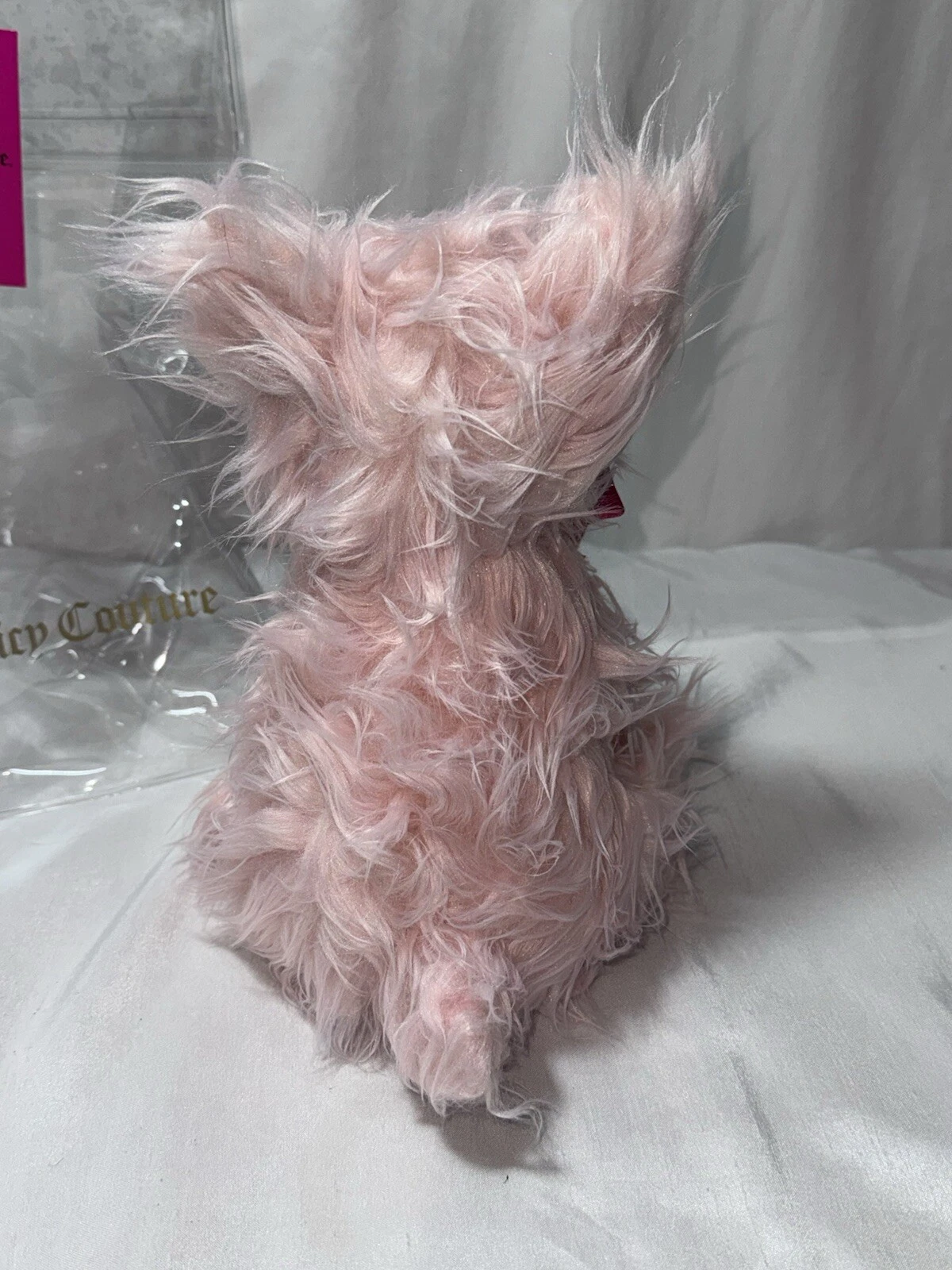 Juicy Couture Pink Peluche Cane Scotty con etichette e borsa trasparente