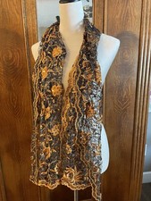 Vintage Gold Black Lace Sequin Long Scarf Marked 64  Long