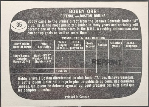 Bobby Orr 1966-67 Topps Rookie REPRINT #35 Boston Bruins - Picture 2 of 2