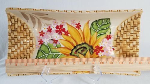 Bella Casa by Ganz Sunflower Floral Leaves Tray Ceramic woven textured handles - Picture 5 of 6