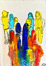 ACEO Original Painting Signed Abstract Contemporary Trading Art Card People OOOK